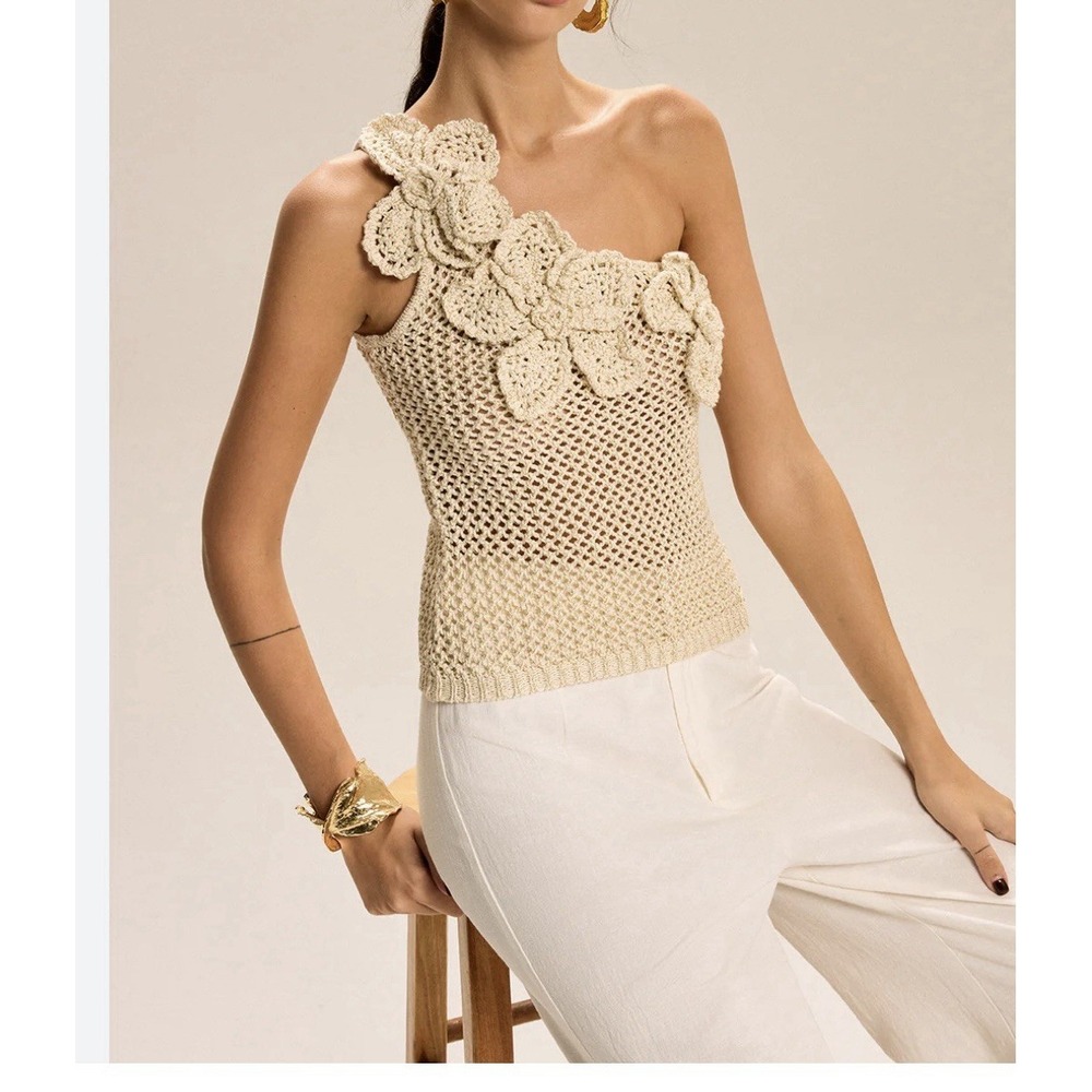 Commence Women's One-Shoulder Floral Crochet Knit Top Gold Beige‎ Sz Small